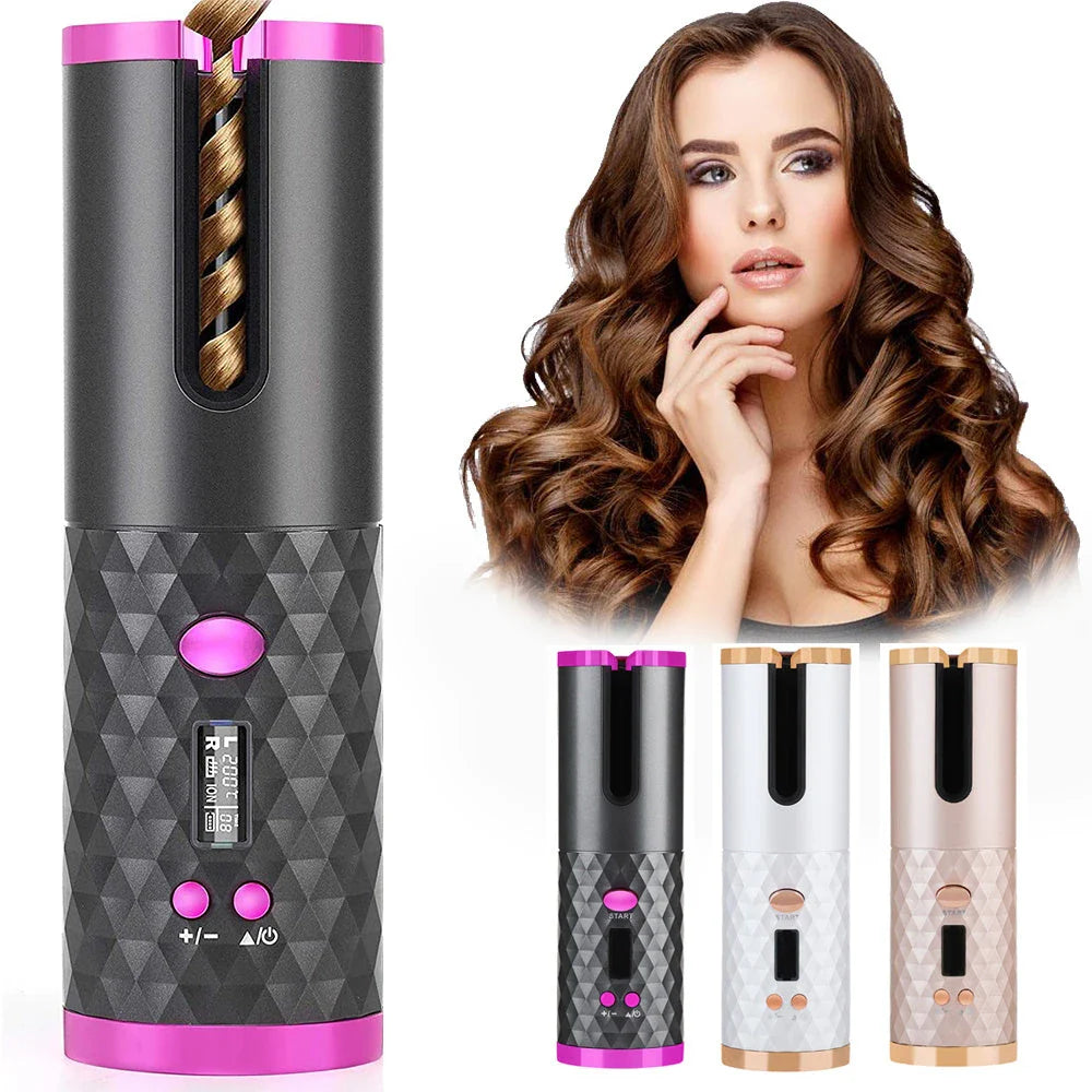 Cordless automatic hair curler with ceramic barrel, multi-directional curl capabilities, and rechargeable battery for salon-quality curls anytime, anywhere.