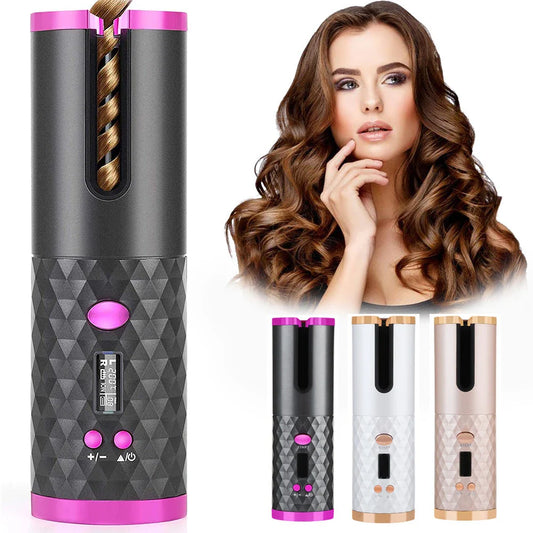 Cordless automatic hair curler with ceramic barrel, multi-directional curl capabilities, and rechargeable battery for salon-quality curls anytime, anywhere.