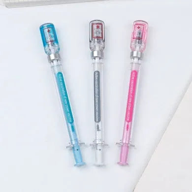 Vaccine design gel pen with plastic construction measuring 15.7cm length and using 0.5mm black refill