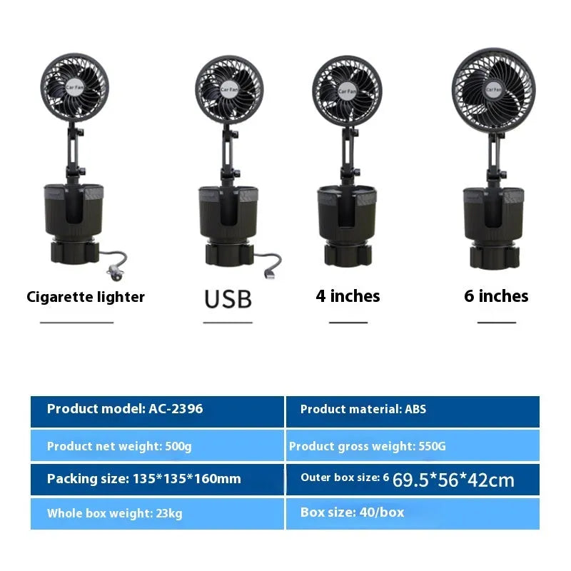 Car water cup holder fan in ABS, 4-inch or 6-inch size, with 12V, 24V, or 5V USB power options