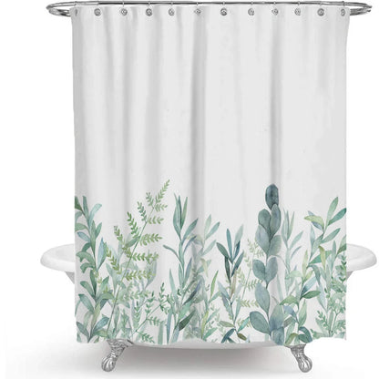 Floral plant shower curtain with Nordic green leaf pattern and colourful flowers in polyester fabric