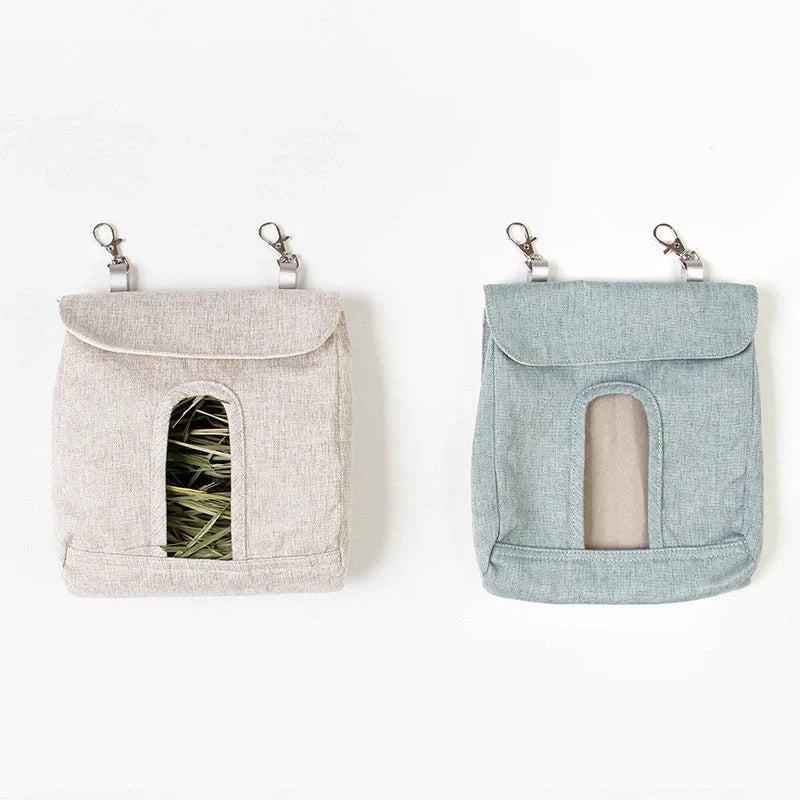Durable cloth feed bag for small pets including rabbits, guinea pigs, and hamsters in grey and blue.
