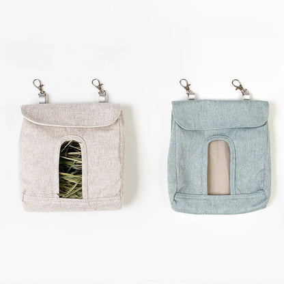 Durable cloth feed bag for small pets including rabbits, guinea pigs, and hamsters in grey and blue.