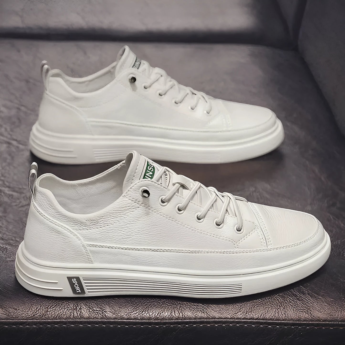Men's white casual shoes with round toe and low heel for summer