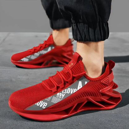 Men's fly woven mesh casual trainers in solid colours with embroidery detail on breathable upper