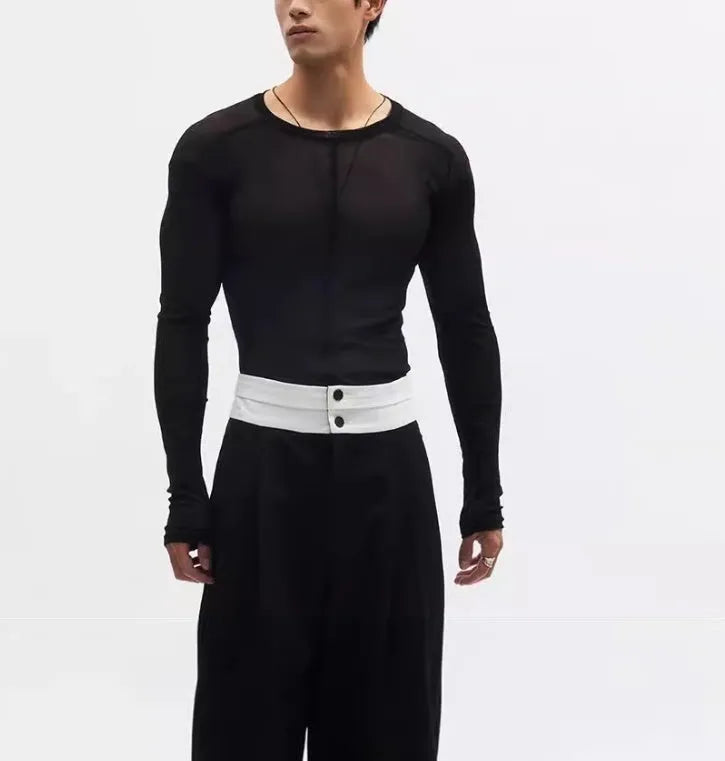 Black slim-fit mesh texture long sleeve pullover on a hanger.