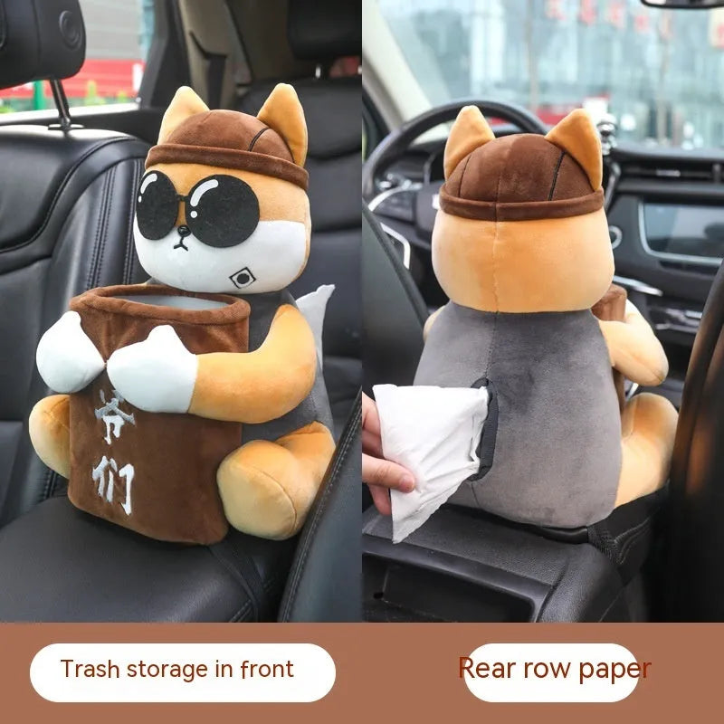 Plush fabric car tissue box organiser hanging from car armrest with flip-top design