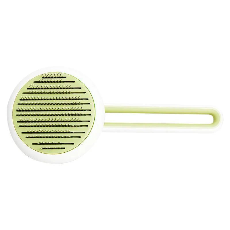 Automatic pet grooming brush with stainless steel teeth and coloured handle showing release button
