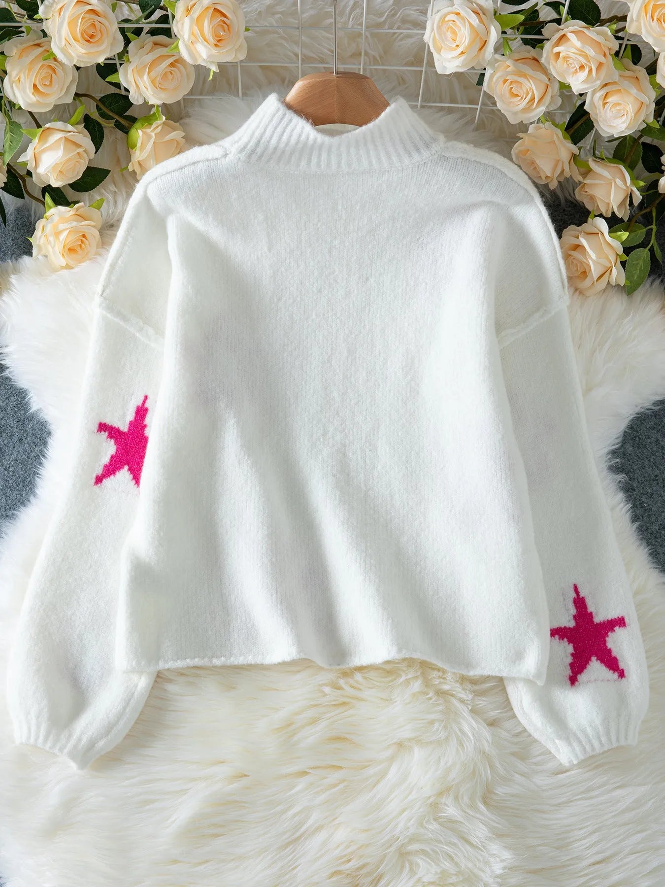 White women's loose turtleneck sweater with five-pointed star pattern and imitation velvet fabric