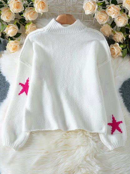 White women's loose turtleneck sweater with five-pointed star pattern and imitation velvet fabric