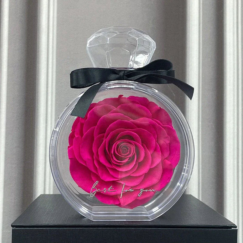 Preserved dried rose floral ornaments in a transparent display, available in various colors for home decor and special occasions