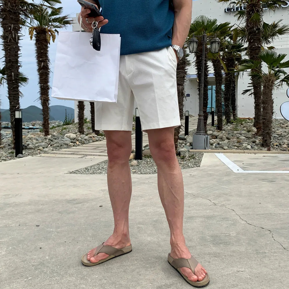 Men's loose straight casual shorts in black, khaki, and white solid colours.