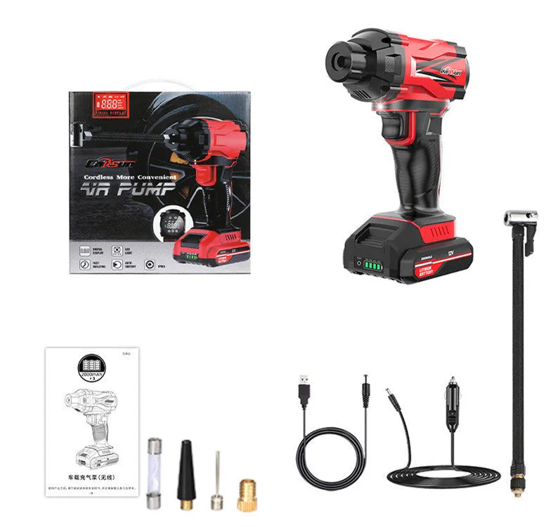 Red and black portable car wireless air pump with battery, cables, and multiple nozzles for tyres and sports equipment.