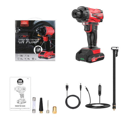 Red and black portable car wireless air pump with battery, cables, and multiple nozzles for tyres and sports equipment.
