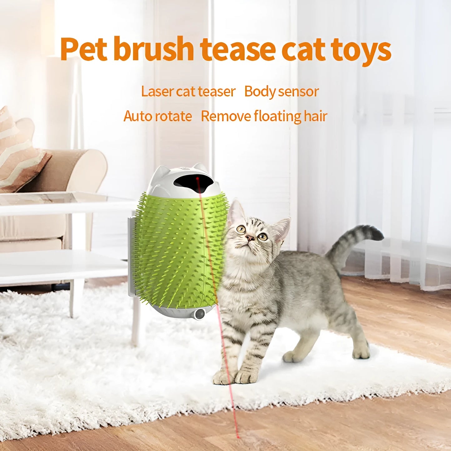 Salmon pink intelligent sensor cat hair brush with automatic massage function on white background