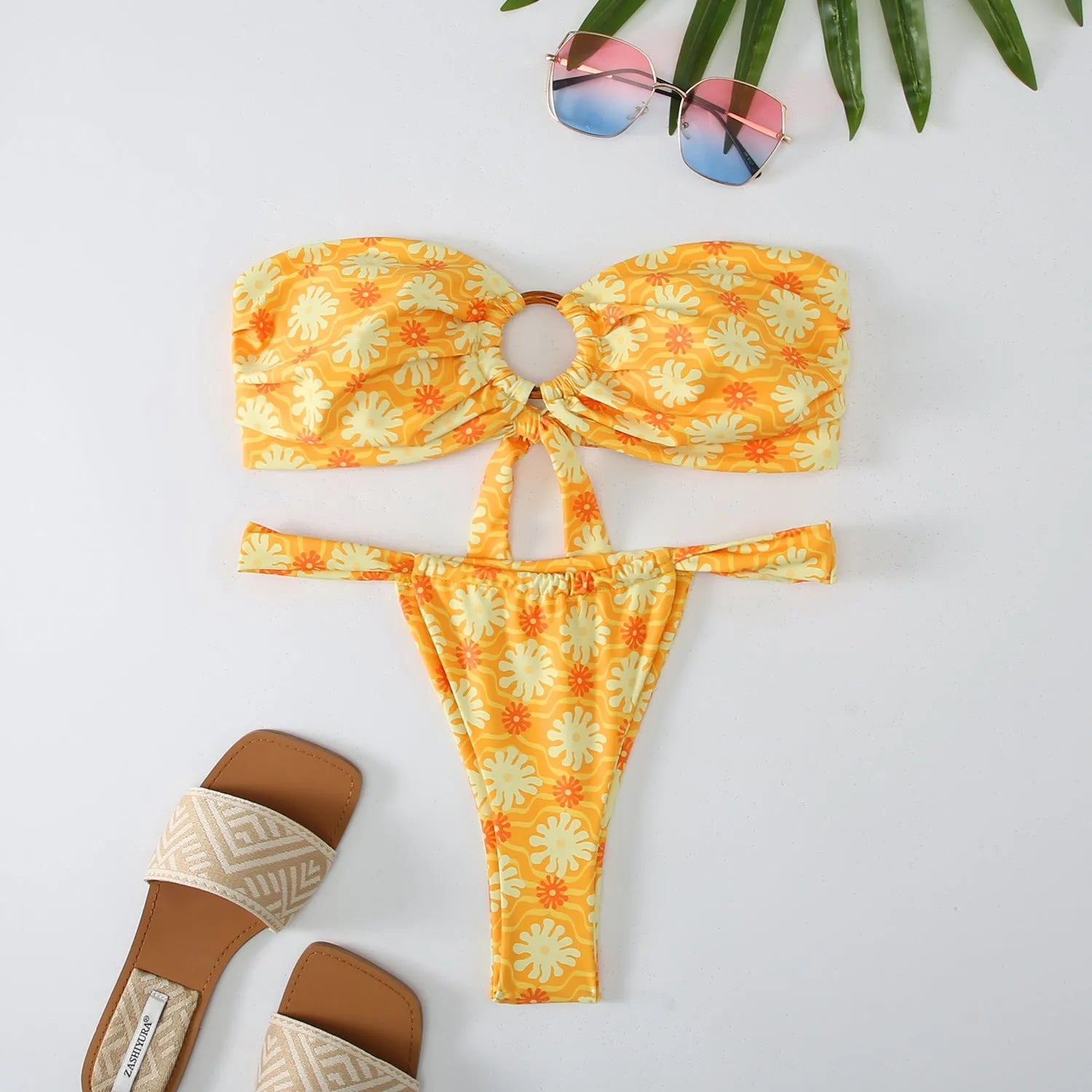 Women's floral print backless tube top bikini swimsuit set on a white background