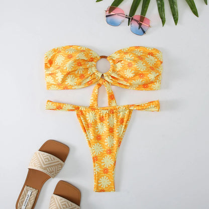 Women's floral print backless tube top bikini swimsuit set on a white background