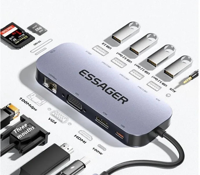 11-in-1 USB-C expansion dock with Gigabit Ethernet port and 20cm cable showing multiple connection interfaces