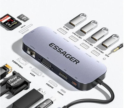 11-in-1 USB-C expansion dock with Gigabit Ethernet port and 20cm cable showing multiple connection interfaces