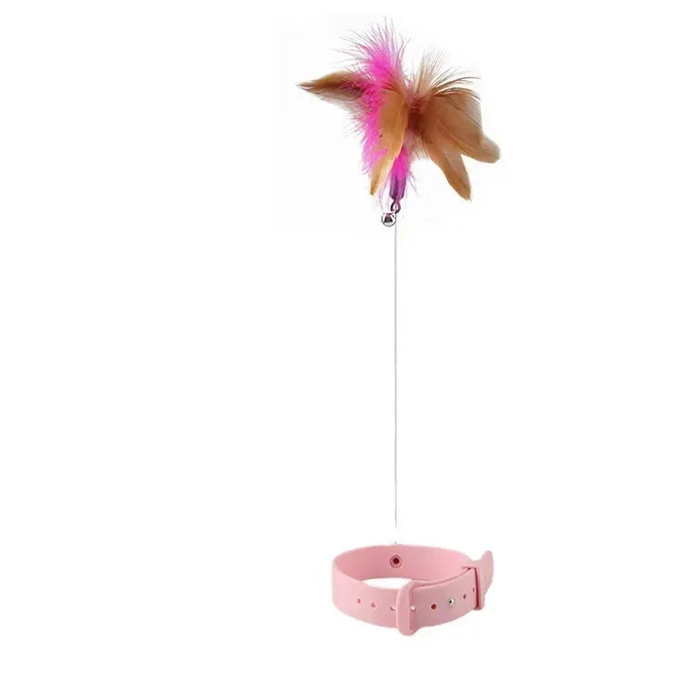 Cat collar teaser toy with feather and bell attachment on adjustable 32.5cm strap