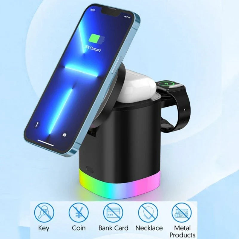3-in-1 wireless charging station with magnetic functionality and smart lighting for smartphones, smartwatches, and earbuds