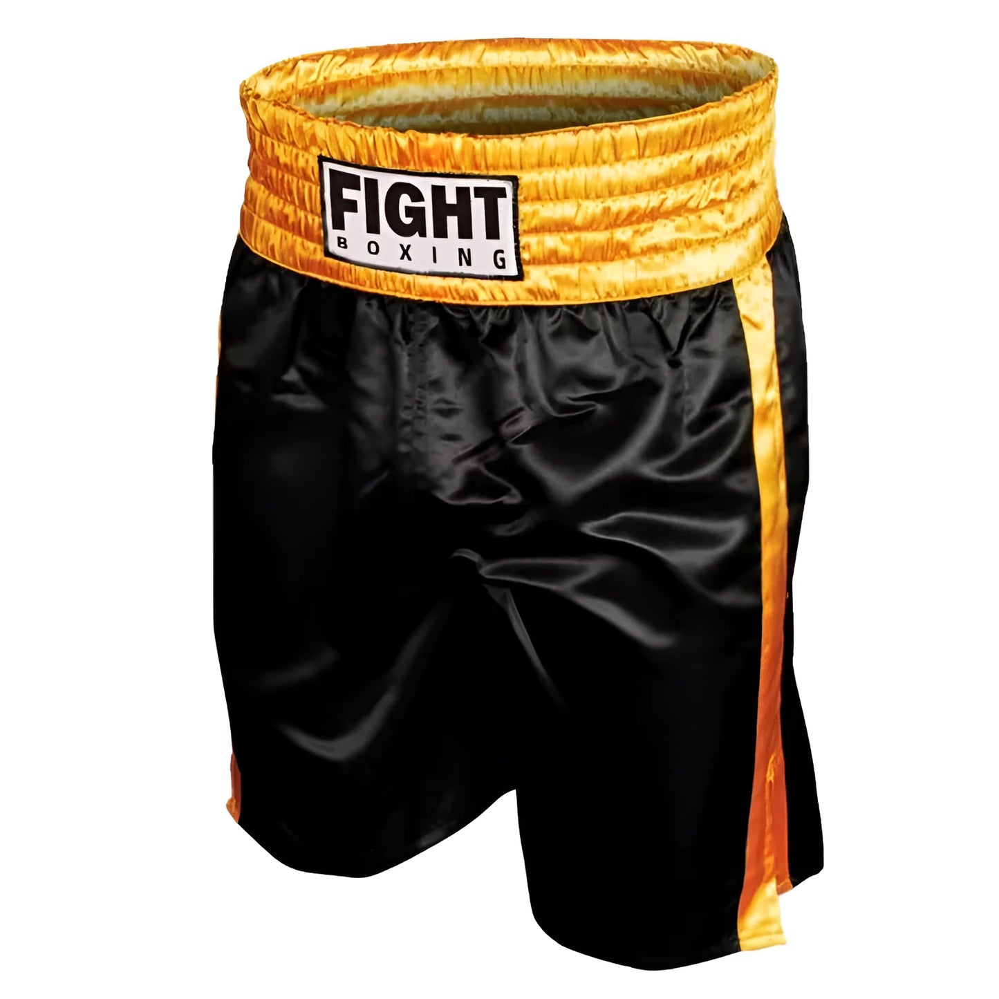 Men's boxing shorts in black and white with side stripe, laid flat showing design.