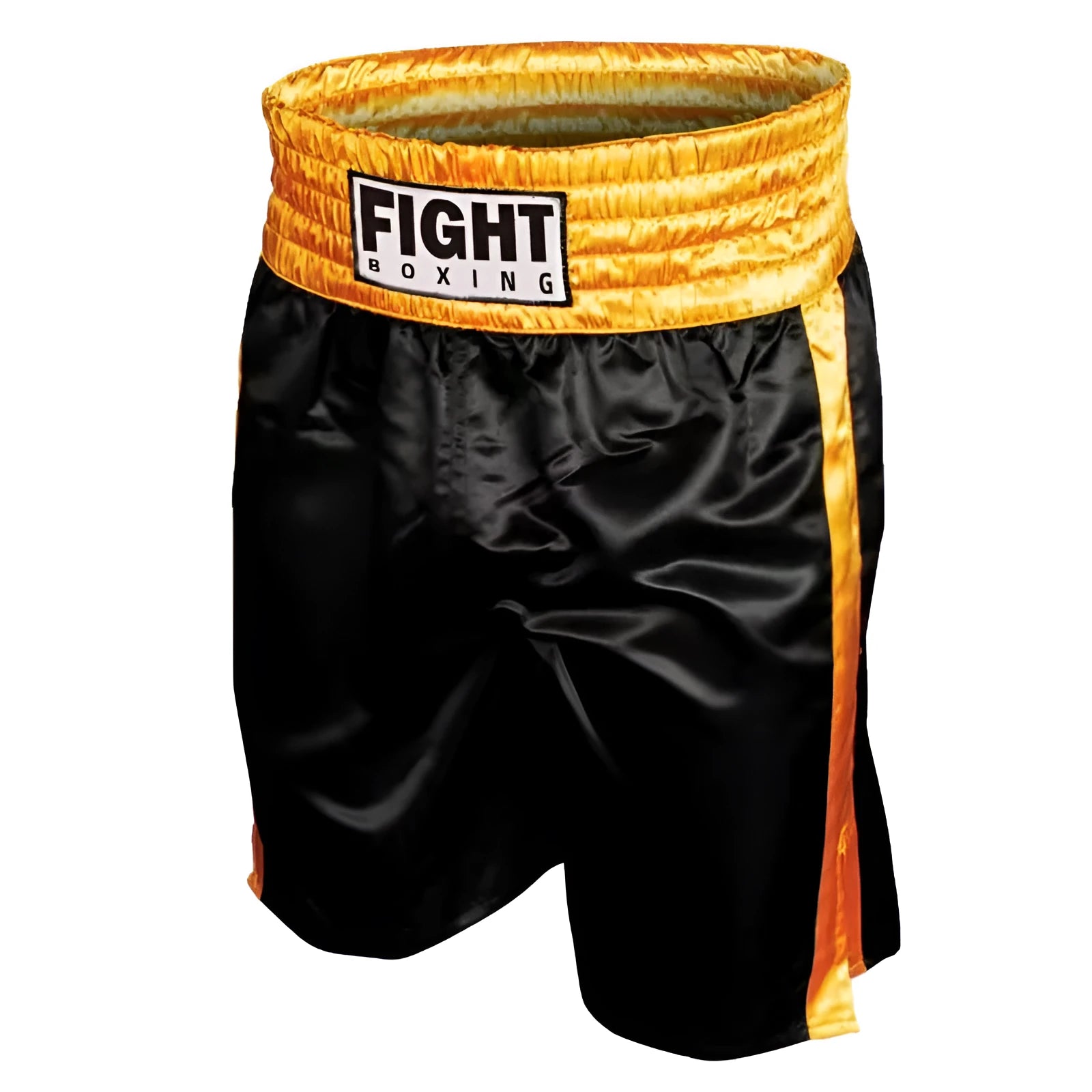 Men's boxing shorts in black and white with side stripe, laid flat showing design.