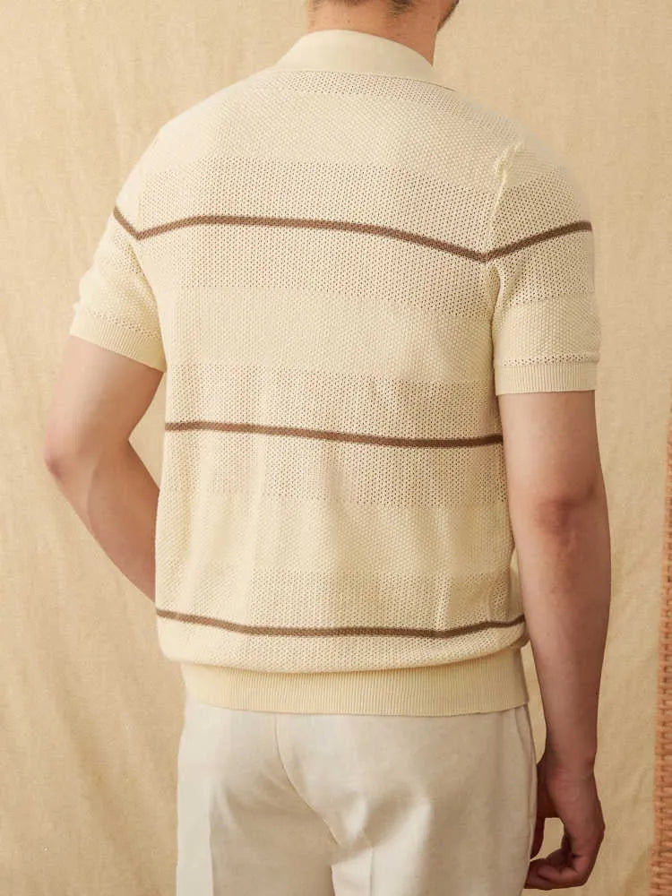 Camel coloured short sleeve lapel cardigan made from a thin linen and cotton knitted fabric.