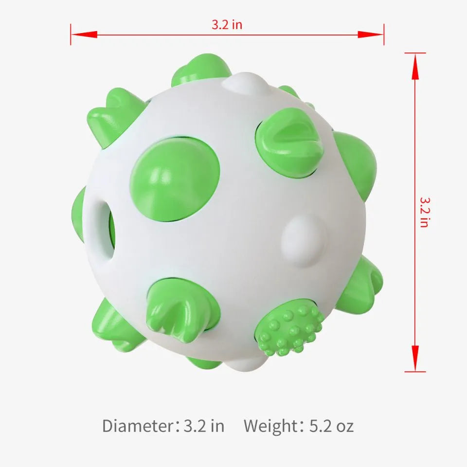 Blue green yellow dog chew ball with textured cleaning bumps and hollow treat-dispensing centre.