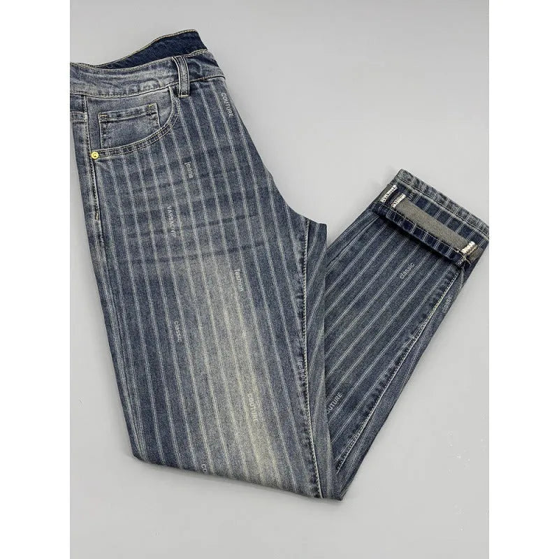 Men's striped cropped jeans, thin slim fit straight leg denim trousers with zipper fly, sizes 28-38