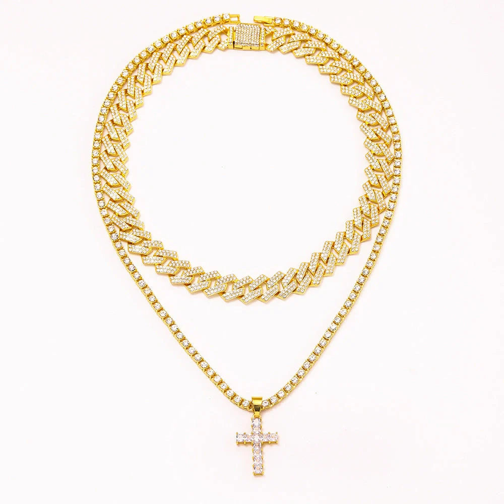 Zircon Cross Pendant Necklace with Cuban Chain in gold and silver options