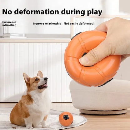 Orange and white TPR rubber dog chew ball toy, shown in hollow and teeth cleaning stick styles.