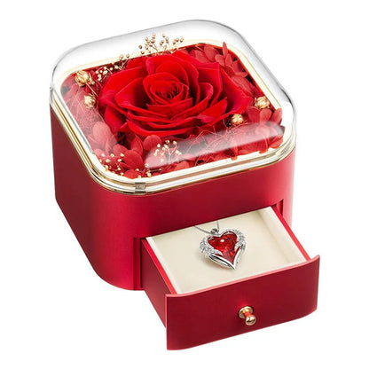 Valentine's Day rose flower drawer jewellery box with preserved eternal flowers and love crystal necklace gift set