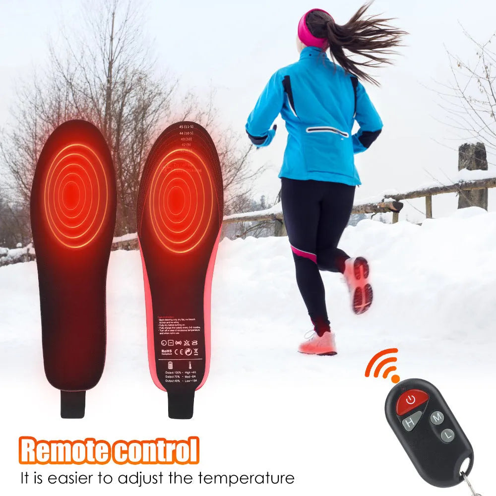 Rechargeable heated boot insoles with remote control and cable, shown on a white background.