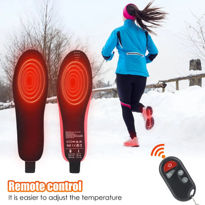 Rechargeable heated boot insoles with remote control and cable, shown on a white background.