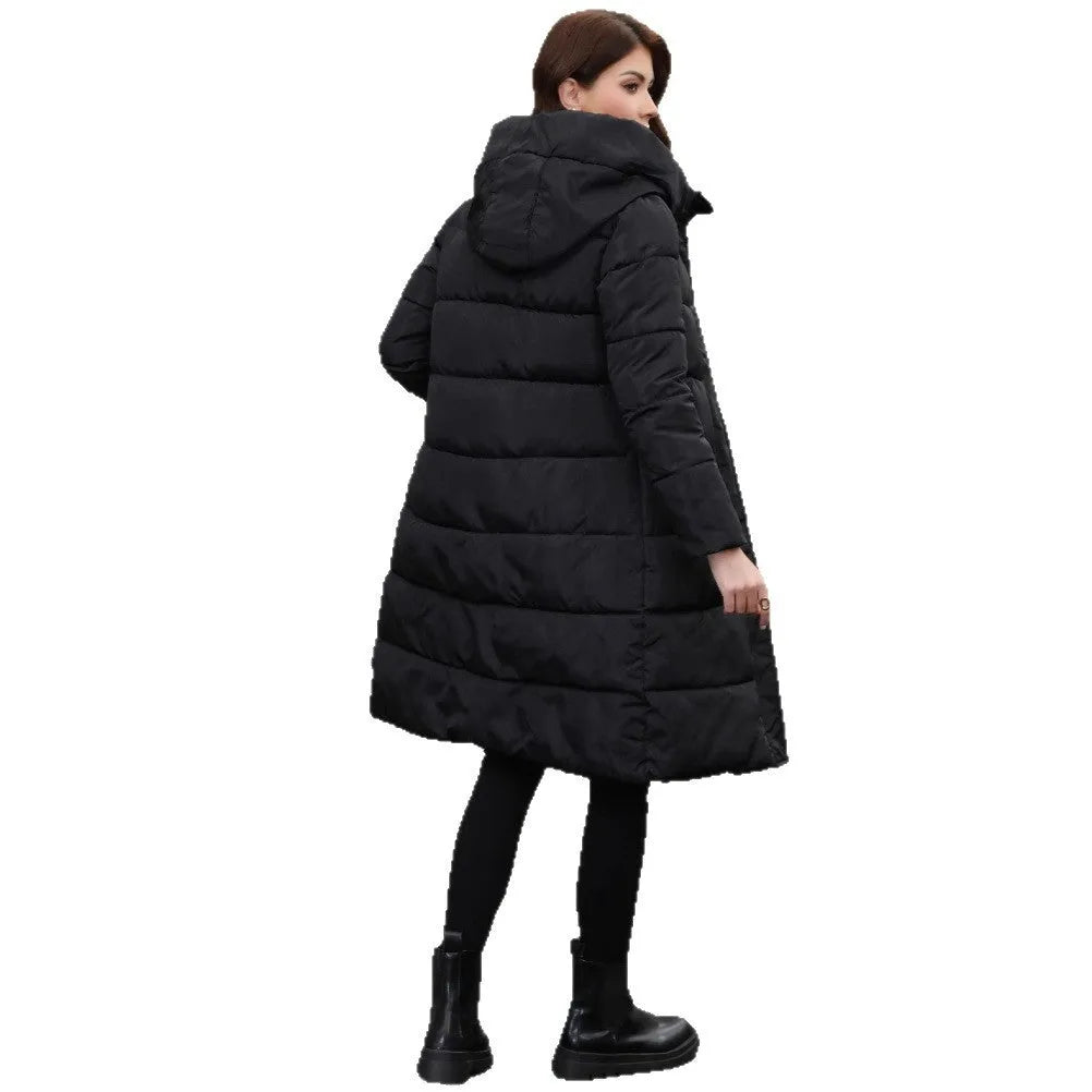 Black hooded slim fit polyester jacket with long sleeves on a model showing cold-resistant construction