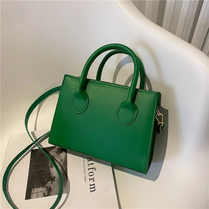 Women's small square PU leather shoulder bag in five colour options showing retro street styling