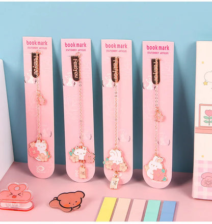 Metal bookmark holder with cartoon cherry blossom cat and rabbit designs