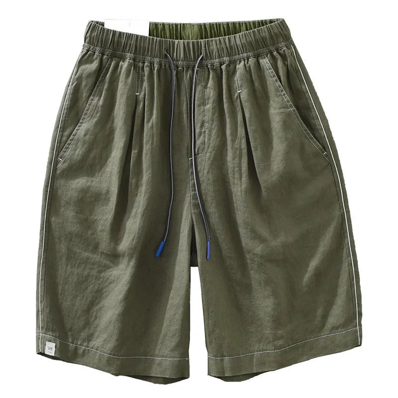 Men's linen shorts in loose straight drooping style with drawstring waist in green colour