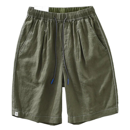Men's linen shorts in loose straight drooping style with drawstring waist in green colour