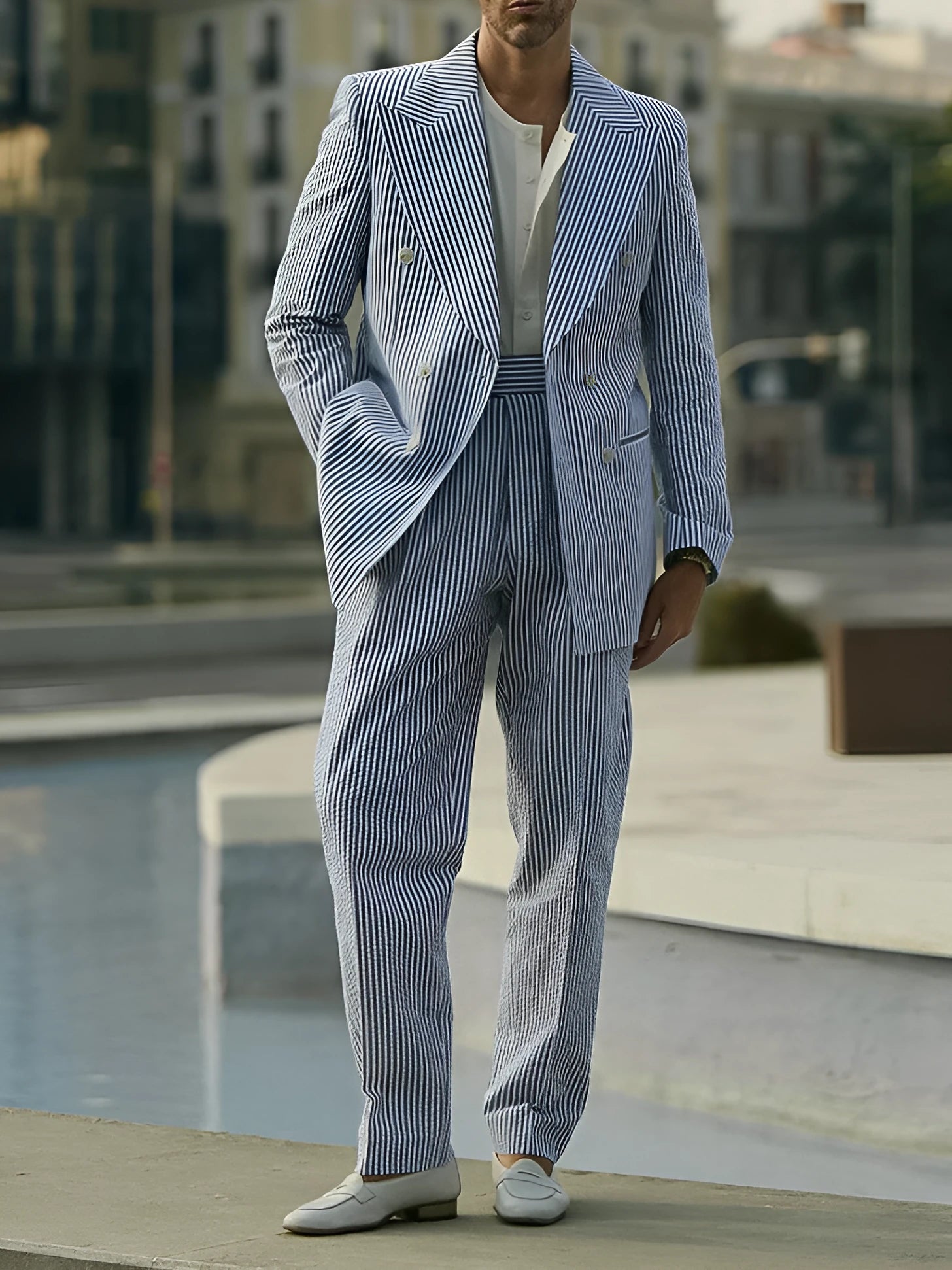 Blue and white striped two-piece suit set with matching blazer and trousers