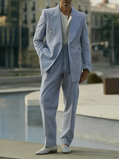 Blue and white striped two-piece suit set with matching blazer and trousers