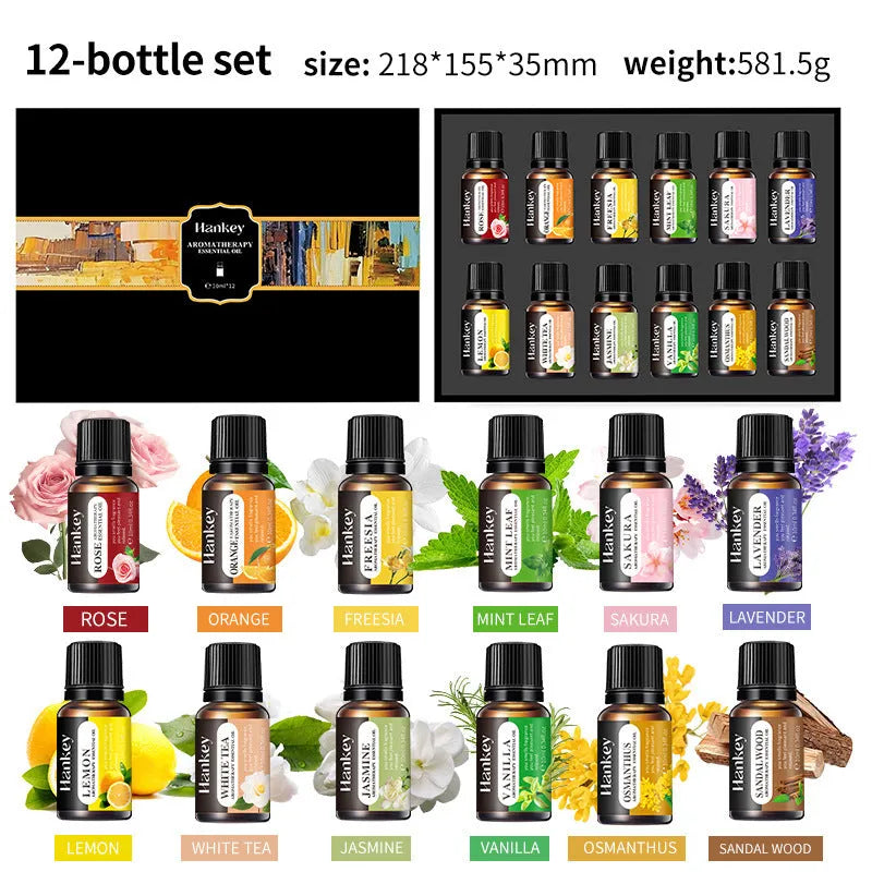 Boxed set of water-soluble aromatherapy essential oils in vials, available in multiple pack sizes.