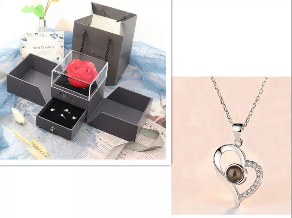 Valentine's Day Metal Rose Jewelry Gift Box Necklace with adjustable crystal necklace and maroon gift box
