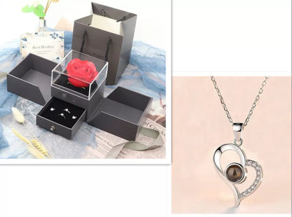 Valentine's Day Metal Rose Jewelry Gift Box Necklace with adjustable crystal necklace and maroon gift box
