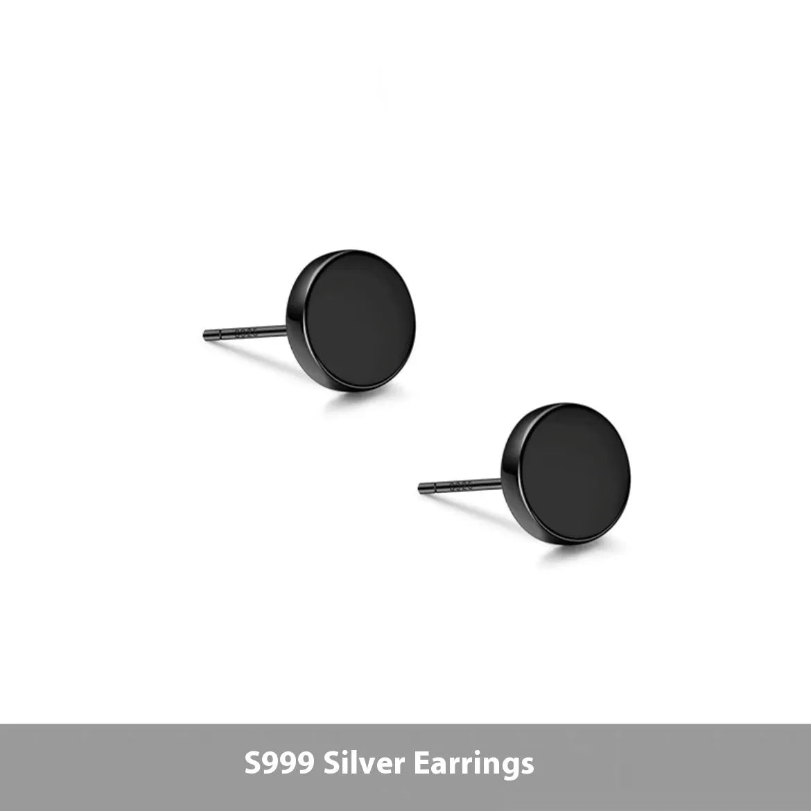 S999 sterling silver round flat bone stud earrings in silver or black, showing size range from 3mm to 8mm.
