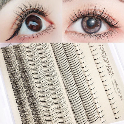 Segmented false eyelash set with single-cluster lashes, two glue bottles, tweezers, and application brush on pink background