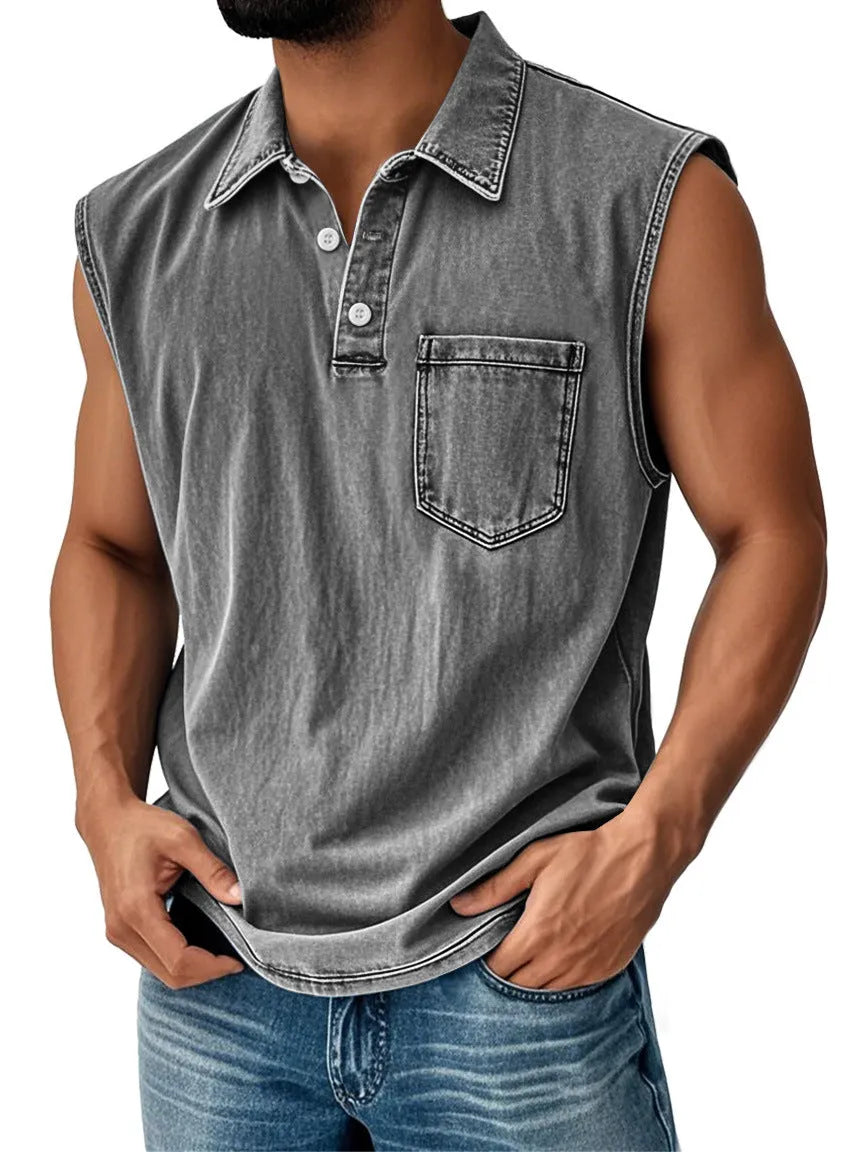 Man wearing a short-sleeve polo shirt with a colourful 3D digital print design on the front.