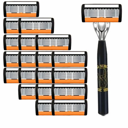 Black manual shaver finger handle with six-layer blade design showing multiple blade configurations