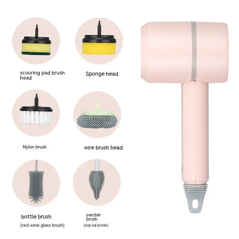 Green electric cleaning brush with multiple brush heads on a kitchen worktop.